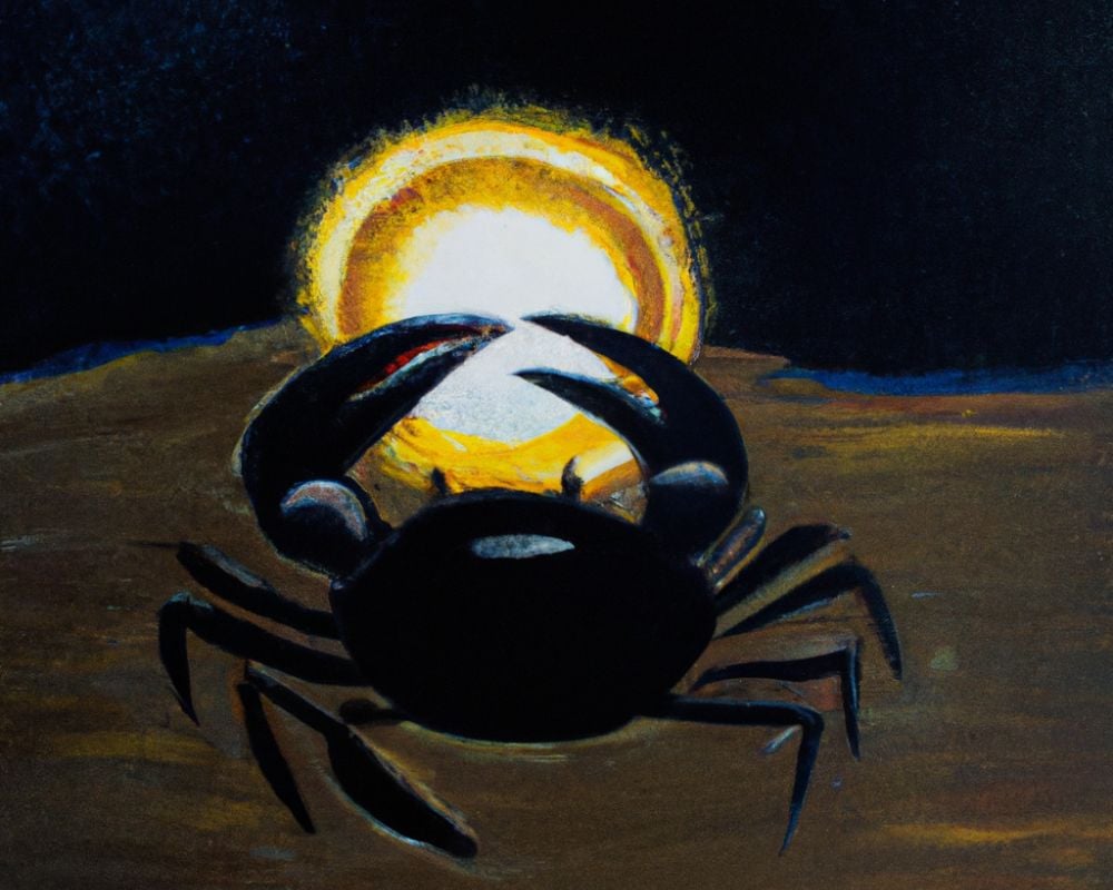 AI-generated black crab in front of a yellow sun on brown ground before black sky