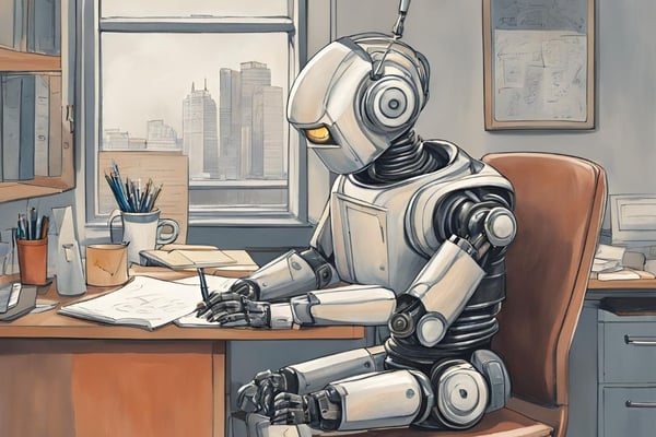 A robot sitting at a desk in an office, sketching on paper, with city buildings visible through the window.
