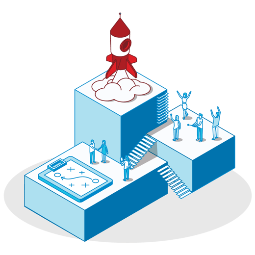 Isometric illustration of people on platforms: one with a planning board, another celebrating, and a rocket launching from the highest platform.
