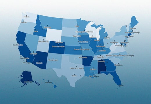The Technical.ly Innovation Ecosystems Map, showing notable ecosystems across the US.