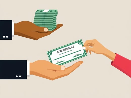 Illustration of two hands exchanging a stack of money for a stock certificate, while a third hand reaches for the certificate.