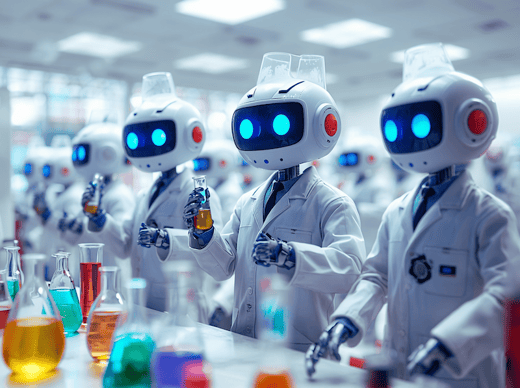 Four humanoid robots in lab coats hold beakers and test tubes in a brightly lit laboratory, surrounded by colorful chemical glassware.