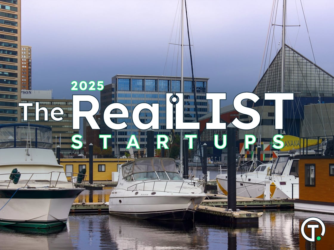 Boats docked in a marina with buildings in the background. Overlaid text reads "The RealLIST Startups 2025" with a stylized design.